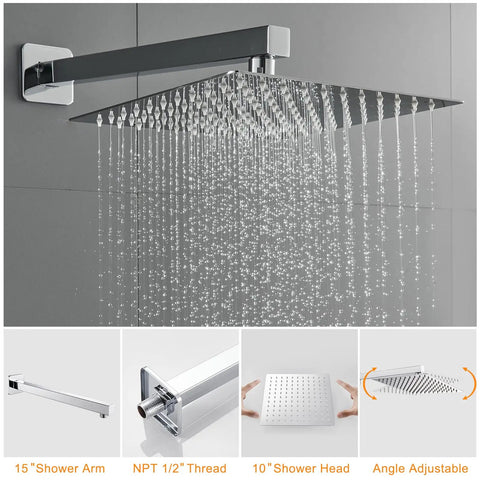10 Inch All Metal Shower System With Tub Spout, Wall Mount, And Hand Shower, 3 Function Rainfall Shower Head, Built-In Diverter