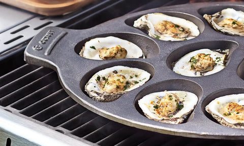 Cast Iron Oyster Grill Pan With 12 Cavities, Heavy Duty Nonstick Oyster BBQ Pan for Grilling and Serving oysters on grill.