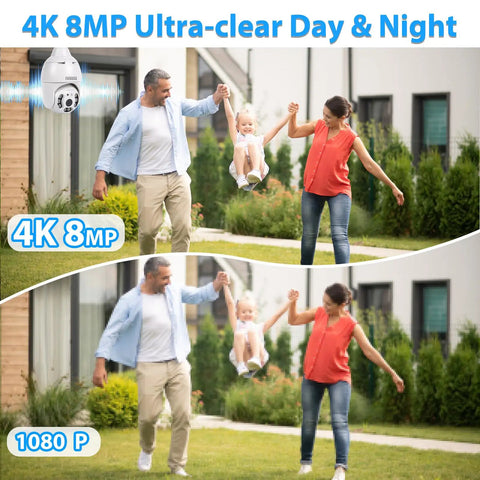 Outdoor Light Bulb Security Camera 2K 4MP Plug And Play, showing a family outdoors, demonstrating clear day and night vision.