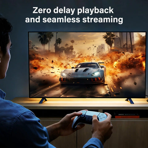 Person gaming with Cat 8 Ethernet Cable 15 Ft Nylon Braided Heavy Duty Patch Cord for seamless streaming on a TV