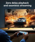 Person playing video game on TV, promoting zero delay playback and seamless streaming for Cat 8 Shielded Ethernet Cable 50 Ft Nylon Braided High Speed Patch Cord For Indoor And Outdoor Use 40 Gbps 2000 MHz SFTP RJ45 Flat Internet Cable For Modem Router Gaming PC usage.