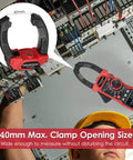 Inrush Clamp Meter 1000A True RMS AC DC Current Meter With VFD LOZ Mode 6000 Counts showing 40mm clamp in use