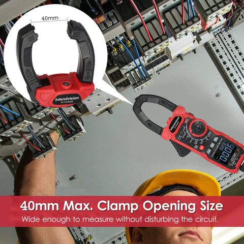 Inrush Clamp Meter 1000A True RMS AC DC Current Meter With VFD LOZ Mode 6000 Counts showing 40mm clamp in use