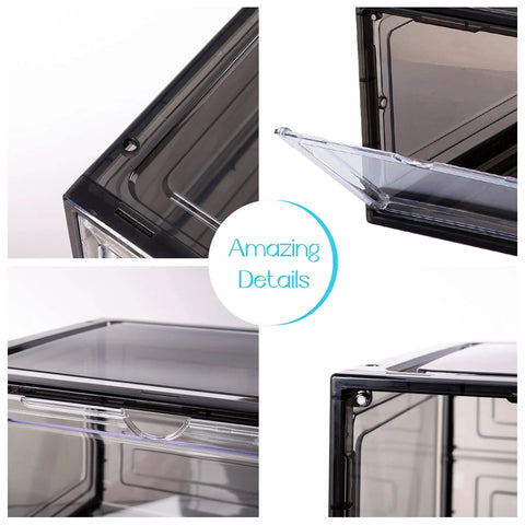 Close-up of Six Pack Clear Purse And Handbag Display Boxes with Acrylic Magnetic Doors, highlighting magnetic door details.