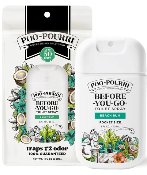Before You Go Pocket Toilet Spray On The Go Freshener With Funk Lock Technology, Beach Bum Coconut Orchid Scent, Essential Oils Odor Deodorizer, TSA Approved Travel Size 1 Fl Oz, Up To 50 Uses, No More Awkward Exits product packaging.