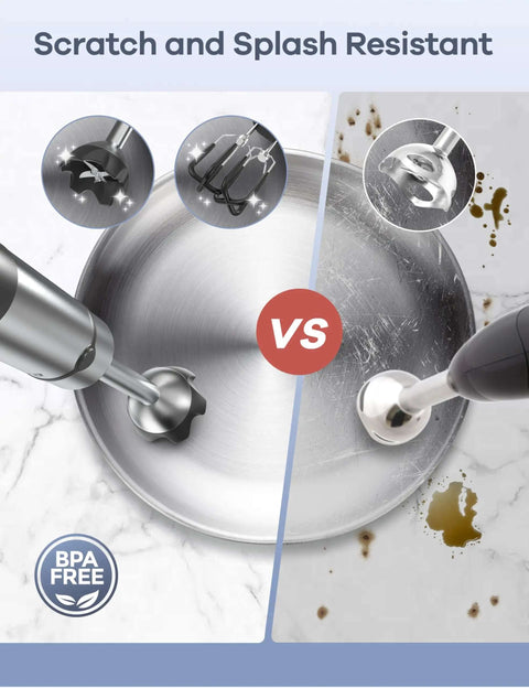 Comparison of scratch and splash resistant features of Badass 1200W Immersion Blender With Pure Copper Motor And Six Blade Handheld Mixer.
