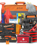 VCAN Active car emergency kit in orange case with portable air compressor, jumper cables, first aid kit, and tools