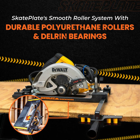 Precision Rolling Cut Guide For Right Blade Circular Saws with durable polyurethane rollers and Delrin bearings on a saw.