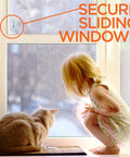 Foolproof Sliding Door And Window Locks Two Pack Toddler And Pet Safe Catch With Grip Tight Adhesive No Hassle Peel And Stick Childproof Barrier For Glass Patio Doors Serious Home Security with child and cat by the window.