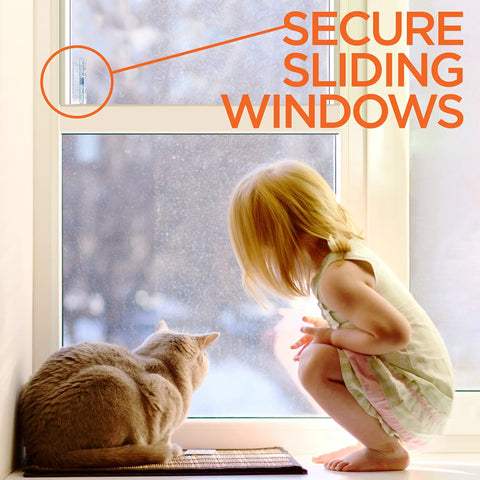 Foolproof Sliding Door And Window Locks Two Pack Toddler And Pet Safe Catch With Grip Tight Adhesive No Hassle Peel And Stick Childproof Barrier For Glass Patio Doors Serious Home Security with child and cat by the window.