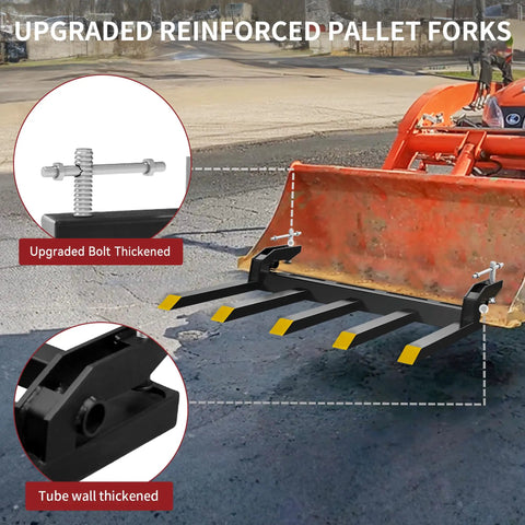Clamp On Debris Forks For 48 Inch Buckets, Heavy Duty Quick Attach Pallet Forks Up To 2500 Lbs, shown attached to a tractor bucket