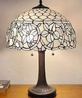 Banker Style Stained Glass Table Lamp, 24 Inch Tall, White Mahogany Finish on wooden table