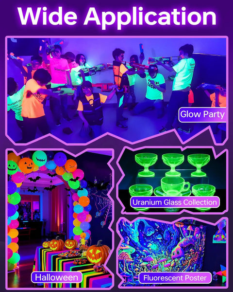 Glow party, Halloween decor, uranium glass, and fluorescent poster under Two Pack 36W Black Light Bar Kit With Plug And Switch 5ft Cord