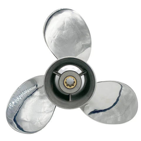 Stainless Steel Three Blade Propeller For Yamaha Outboard Motor Nine Point Twenty Five By Eleven Right Hand Spin Through Hub Exhaust