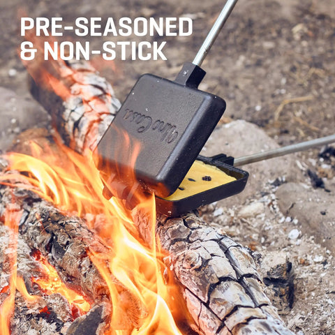 Cast Iron Pudgy Pie Maker For Campfire And Outdoors With Extended Handle grilling over open flame