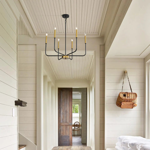 Farmhouse Six Light Chandelier In Black And Gold Dope Modern Candle Pendant Lights for dining room in hallway setting