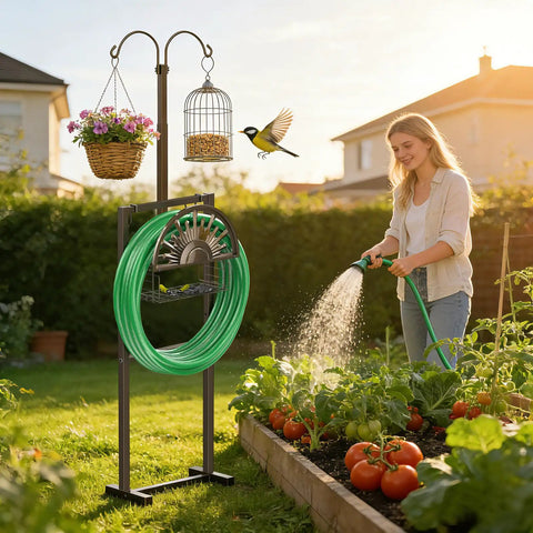 Heavy Duty Tough As Nails Garden Hose Reel With Two Shepherd Hooks Holds 150 Feet Of Five Eighths Inch Hose Freestanding 77 Inch Hose Hanger With Storage Basket Weather Resistant Steel Stand Space Saving All In One Garden Organizer with woman watering vegetables