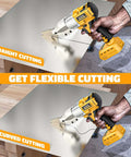 Cordless Sheet Metal Cutter Nibbler With Brushless Motor Delivers 221 Foot Pounds Of Torque And Cuts Through 18 Gauge Steel Aluminum Cardboard Leather And Carpet Works With A 20V Battery Not Included showing straight and curved cutting on metal sheet.