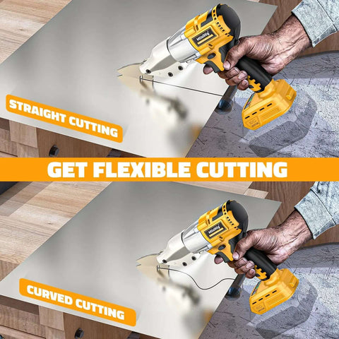 Cordless Sheet Metal Cutter Nibbler With Brushless Motor Delivers 221 Foot Pounds Of Torque And Cuts Through 18 Gauge Steel Aluminum Cardboard Leather And Carpet Works With A 20V Battery Not Included showing straight and curved cutting on metal sheet.