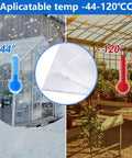 Heavy Duty Twin Wall Polycarbonate Greenhouse Panels 14 Pack displayed with temperature range indicators in a snowy garden and sunny greenhouse.