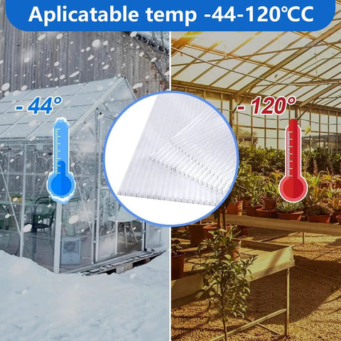 Heavy Duty Twin Wall Polycarbonate Greenhouse Panels 14 Pack displayed with temperature range indicators in a snowy garden and sunny greenhouse.
