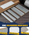 Solid As A Rock 18 Gauge Brad Nails 1 3/4 Inch Head 1000 Piece Box with galvanized steel brad nails on wood surface.