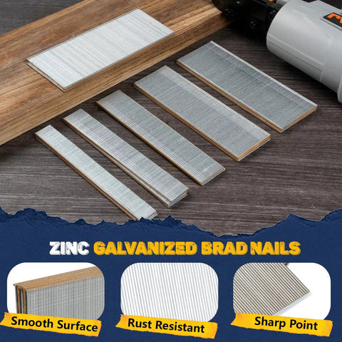 Solid As A Rock 18 Gauge Brad Nails 1 3/4 Inch Head 1000 Piece Box with galvanized steel brad nails on wood surface.