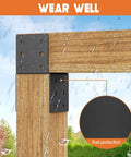 Heavy Duty 4x4 Post Bracket Kit For Wood Decks, 4 Pack With 14 Gauge Steel Base installed on wooden deck in rain