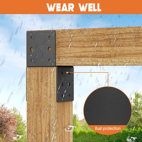 Heavy Duty 4x4 Post Bracket Kit For Wood Decks, 4 Pack With 14 Gauge Steel Base installed on wooden deck in rain