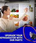 Woman opening fridge with Refrigerator Bimetal Defrost Thermostat Replacement Easy Fit Compatible With Whirlpool Kenmore