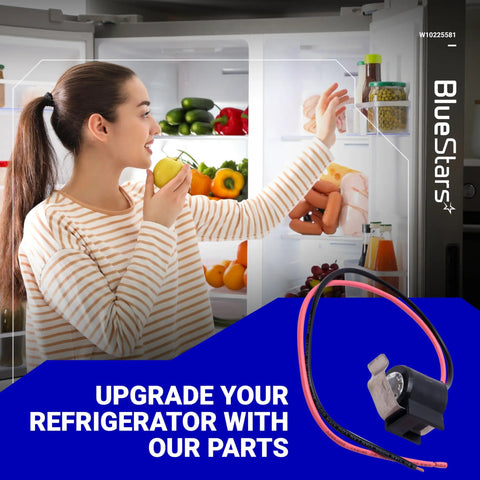 Woman opening fridge with Refrigerator Bimetal Defrost Thermostat Replacement Easy Fit Compatible With Whirlpool Kenmore