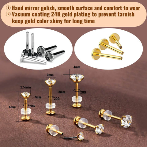 Dope Gold Plated Titanium Flat Back Piercing Set For Women And Men, 20G 18G 16G Threadless Cartilage Earrings With CZ Stones