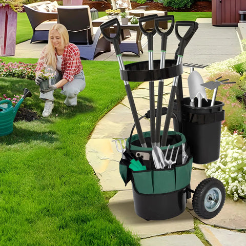 Heavy Duty Rolling Garden Cart With 5 Gallon Bucket, Oxford Bag With 8 Pouches, And 3 Gallon Basket on garden path