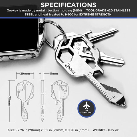 16 Function Dope Keychain Multitool with Bottle Opener, Screwdriver, Box Cutter on a keyring next to a smartphone