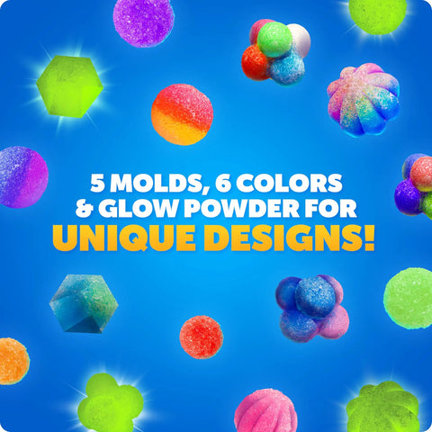 DIY Glow In The Dark Bouncy Ball Kit For Kids Build Your Own Neon Orbs With 5 Mold Shapes And 6 Color Powders, blue promo graphic