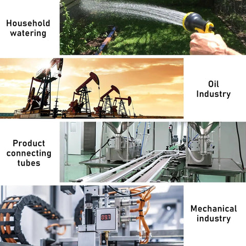 Collage showing uses of Silicone Vacuum Hose 10 Ft 1/4 Inch ID High Performance Auto Tubing in various industries.