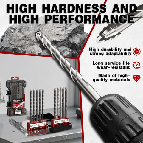 Front view of a 10-piece masonry drill bit set, 6 in length, carbide bits for concrete and tile, red case.