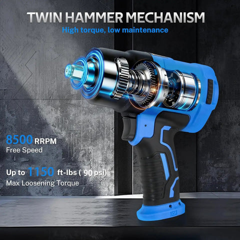 Close-up of Drop Dead Tough 1/2 Air Impact Wrench With 1150 Ft Lbs Beastly Torque and Double Hammer Design showing twin hammer mechanism.