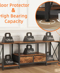 Industrial Rustic Brown TV Stand With Two Fabric Drawers And Open Shelving Spacious 55 Inch Entertainment Console showing floor protector and weight capacity.
