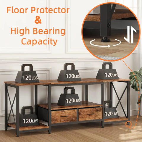 Industrial Rustic Brown TV Stand With Two Fabric Drawers And Open Shelving Spacious 55 Inch Entertainment Console showing floor protector and weight capacity.