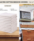 Beekeeping Beehive Cover Set Must Have 10 Pack Cotton Insulation Covers For Beehives Protective Winter Cloths Durable Heat Shield Easy Fit Keeps Hives Warm And Reduces Draft For Bees displayed with folded stack and beehive setup.