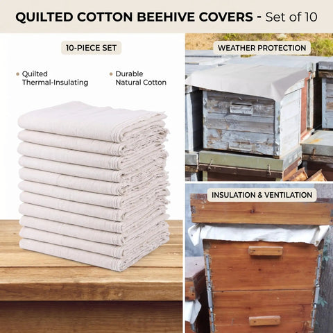 Beekeeping Beehive Cover Set Must Have 10 Pack Cotton Insulation Covers For Beehives Protective Winter Cloths Durable Heat Shield Easy Fit Keeps Hives Warm And Reduces Draft For Bees displayed with folded stack and beehive setup.