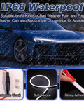 Lit 70 Inch 12V LED Hood Light Strip With Flexible Waterproof Design on car with rain, diagram of silicone strip and adhesive.