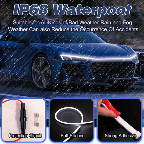 Lit 70 Inch 12V LED Hood Light Strip With Flexible Waterproof Design on car with rain, diagram of silicone strip and adhesive.