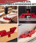 15 Piece Router Table Setup Block Set With 0.002 Inch Aluminum Height Gauge And Sliding Ruler For Dead On Depth, Height, And Angle Alignment In Woodworking Jigs, Tool Calibration, And Router Table Projects. Red aluminum setup blocks used for drill and router table alignment in woodworking.