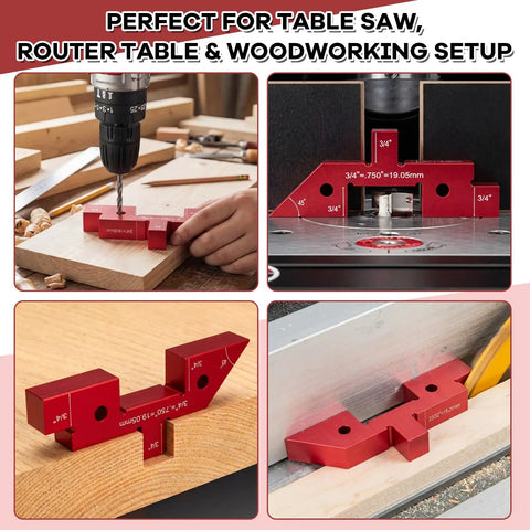 15 Piece Router Table Setup Block Set With 0.002 Inch Aluminum Height Gauge And Sliding Ruler For Dead On Depth, Height, And Angle Alignment In Woodworking Jigs, Tool Calibration, And Router Table Projects. Red aluminum setup blocks used for drill and router table alignment in woodworking.