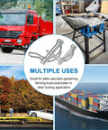 Massive 202 Piece Hitch Pin Kit For Trailers Tractors Trucks And Mowers With Beefy Lynch Pins PTO Pins Clip Pins And Cotter Pins In Zinc Plated Steel For Farm Equipment Snow Plows Lawnmowers And Garage, shown with multiple use applications including truck, table saw, trailer, and boat.