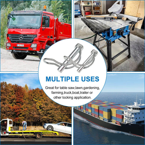Massive 202 Piece Hitch Pin Kit For Trailers Tractors Trucks And Mowers With Beefy Lynch Pins PTO Pins Clip Pins And Cotter Pins In Zinc Plated Steel For Farm Equipment Snow Plows Lawnmowers And Garage, shown with multiple use applications including truck, table saw, trailer, and boat.