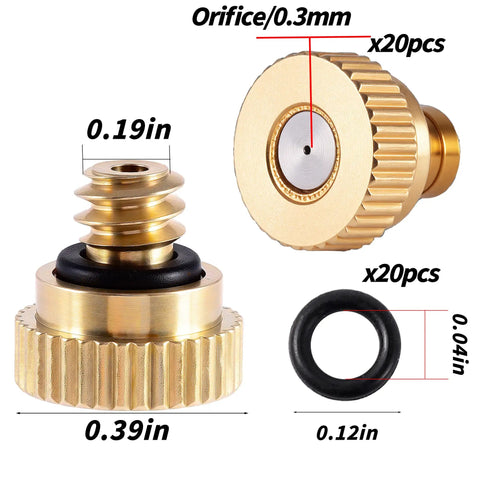 Brass Misting Nozzles Pack With O Rings 0.012 Inch Orifice 10 By 24 UNC Heavy Duty Outdoor Cooling System parts close-up view