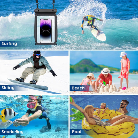Waterproof Phone Pouch With Sealing Strip for iPhone and Galaxy during surfing, skiing, beach play, snorkeling, and pool fun